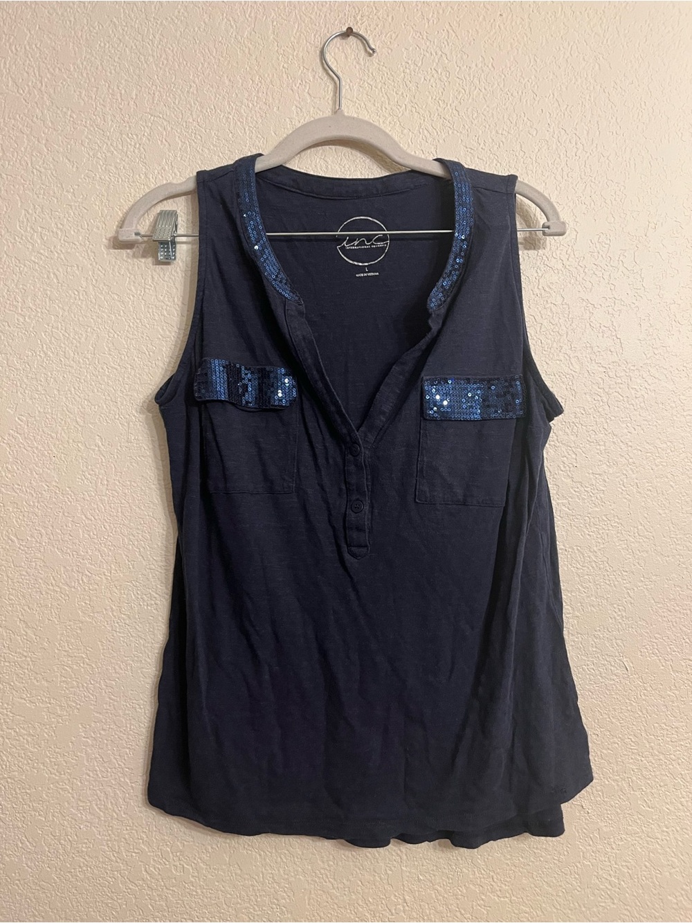 INC International Concepts Navy Sequin-Trim Henley Tank